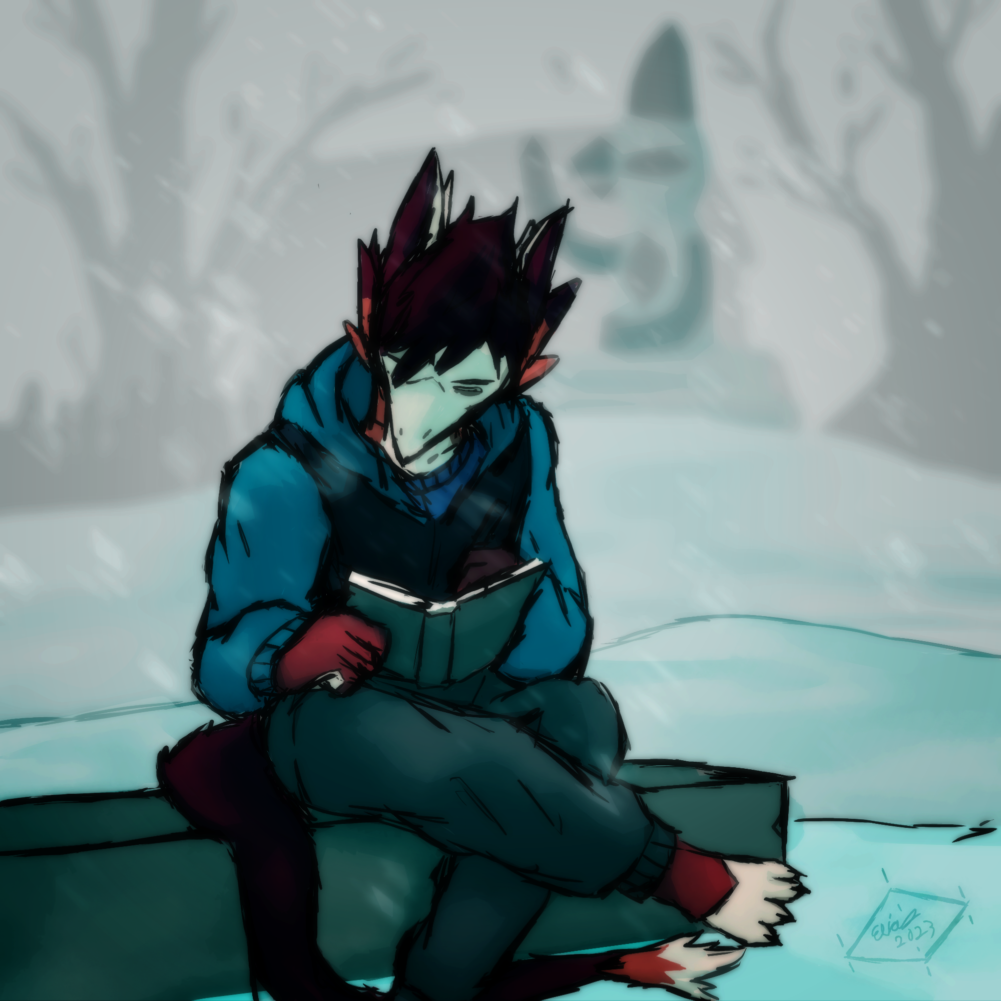 a character sitting inthe snow drawing